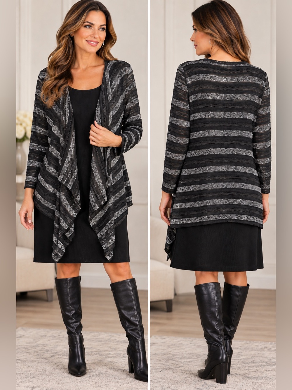 Studio One Black & Gray Striped Draped Cardigan with sweater dress attached